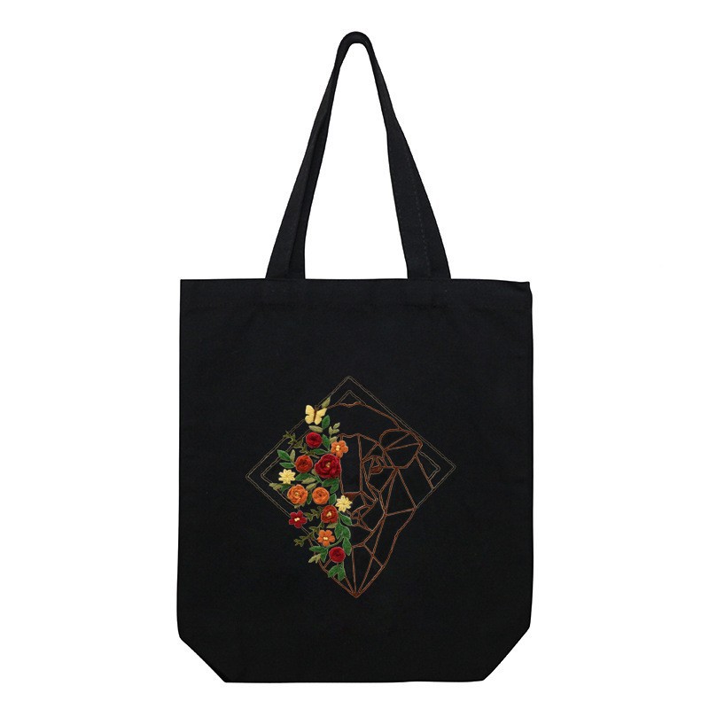 Hecho a mano DIY cinta bordada bolsa de lona Lu bordado solo hombro bolso tridimensional bordado flor lienzo mujer bolsa grande