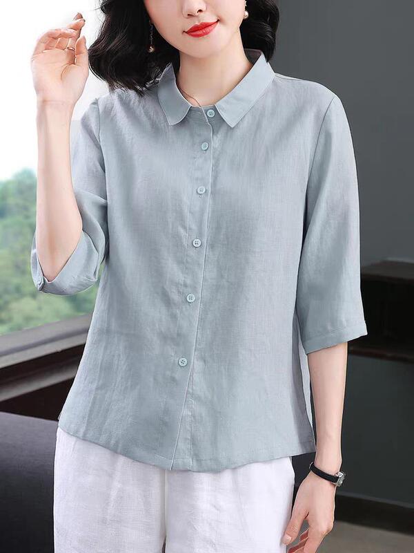 2026 Summer Cool Pure Linen Shirt for Women, Cotton-Linen Shirt with a Turn-Down Collar, Age-Reducing Stylish Mid-Sleeve Loose Top