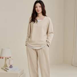 春秋新款纯棉女长袖长裤套头睡衣假两件时尚休闲女家居服图片色