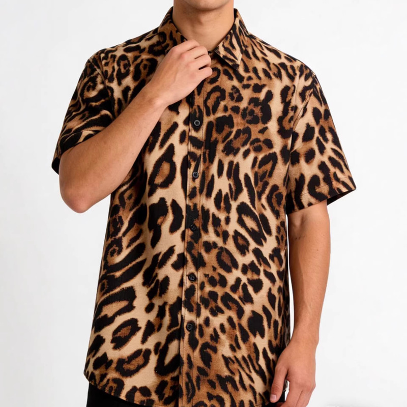 Amazon Cross-Border Summer Men's Leopard Print Short-Sleeved Shirt Loose Trendy Brand Lapel Large Size Foreign Trade Casual Men's Clothing