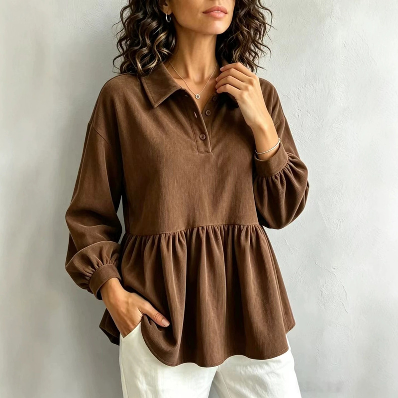 2026 Cross-Border European and American Retro Corduroy Shirt, New Autumn Loose Casual Style with Ruffled Hem and Turn-down Collar for Women 2026 Cross-Border European and American Retro Corduroy Shirt, New Autumn Loose Casual Style with Ruffled Hem and Turn-down Collar for Women