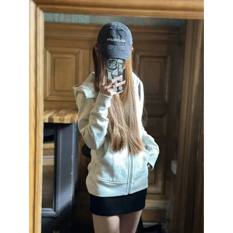 American zipper retro slim hooded cardigan yoga sports sweatshirt coat with waist covering flesh high-end fresh