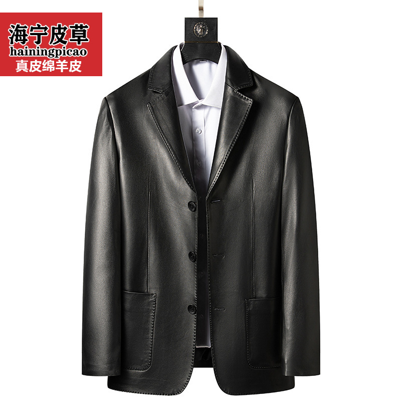 Haining Men's Genuine Leather Jacket, First-Layer Sheepskin Suit, Three-Button Dad-Style Jacket, Suit Collar Coat, High-End Men's Jacket