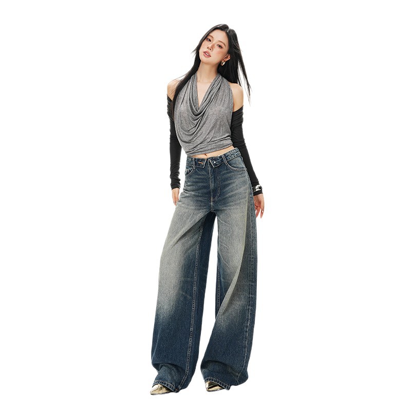 2026 Spring New Style Mid-Waist Folded Waist American Retro Washed Wide-Leg Denim Floor-Length Pants