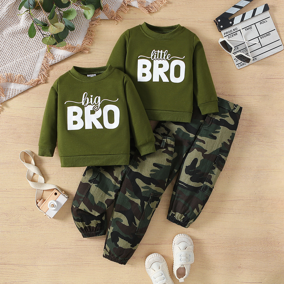 Ensemble deux pièces décontracté pour garçons, vêtements d'automne pour enfants, sweat à capuche à manches longues et pantalon camouflage avec lettres_voghion.com