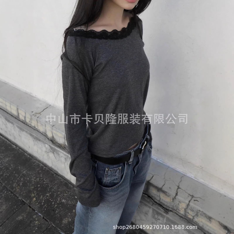 2026 Spring and Autumn New Style Autumn and Winter Casual Style Gray Bottom Black Lace Off-Shoulder Long Sleeve Top for Women 2026 Spring and Autumn New Style Autumn and Winter Casual Style Gray Bottom Black Lace Off-Shoulder Long Sleeve Top for Women