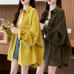 慵懒风中长款纯色衬衣女春秋薄款学生宽松大码休闲外搭衬衫外套女