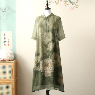 Mom Summer Dress National Style Improved Cheongsam dress Western Style Middle-aged and Elderly Women's Loose Slimming Dress New Chiffon Dress