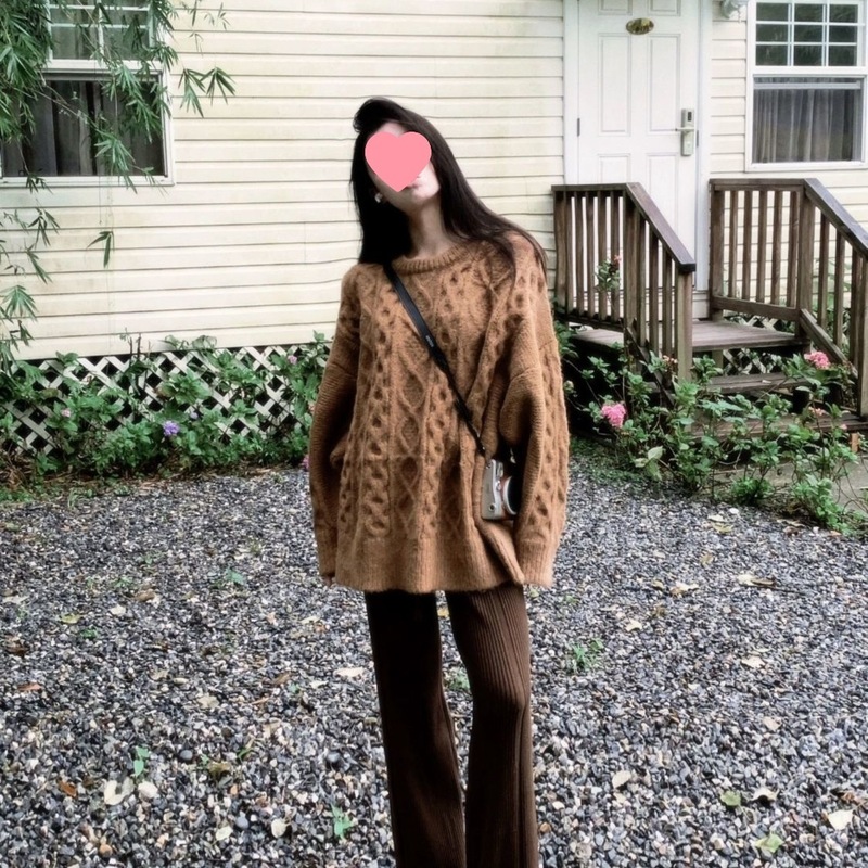 大码女装秋季套装女2025新款韩系复古通勤风针织毛衣微喇裤两件套|undefined