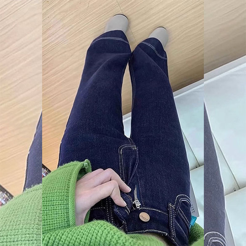 设计感美式深蓝色牛仔裤女2025秋季新款辣妹风百搭高腰显瘦阔腿裤|undefined