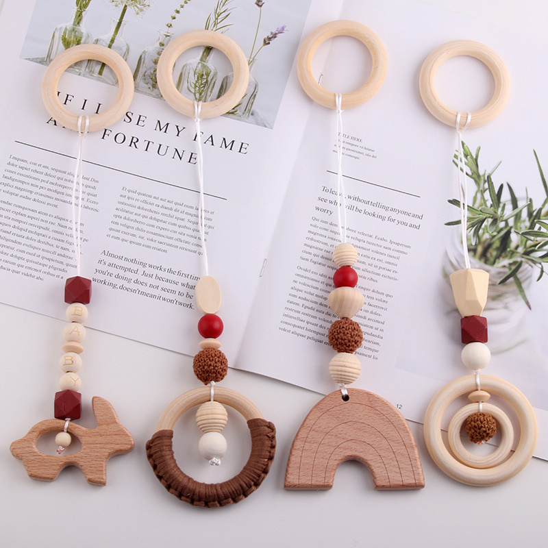 Factory wholesale baby Beech wooden ring teether wooden fitness ring baby cradle chain car hanging toy rattle