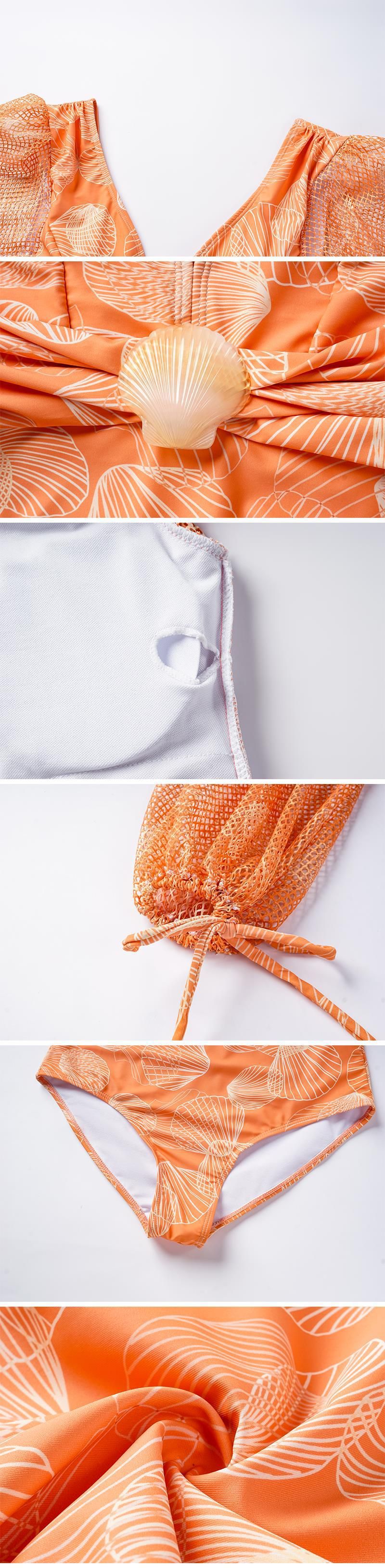 Dambadkläder v-ringad mesh långärmad glansig one piece_voghion.com
