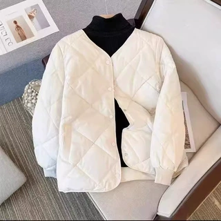 跨境外贸早秋新款棉服女装短款菱格ins无领小香风轻薄冬棉衣外套