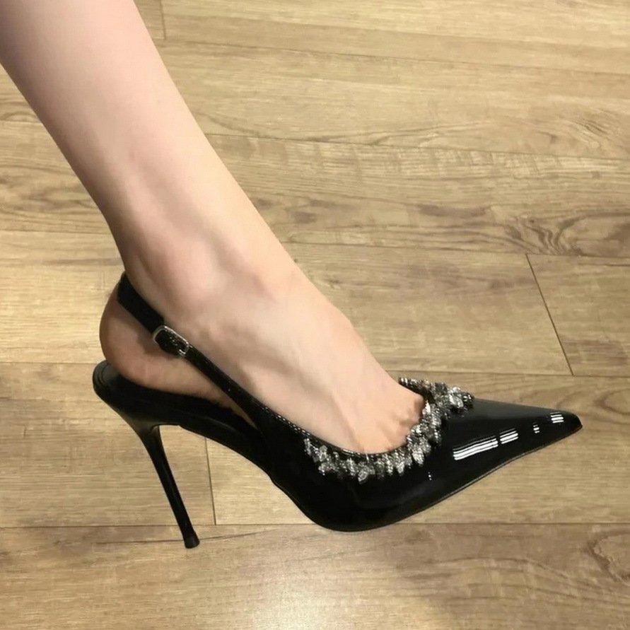 2338-1 French Style Stunning Pointed Toe Rhinestone Heels Patent Leather Sexy Women's Shoes Backless Back Strap Ultra_voghion.com