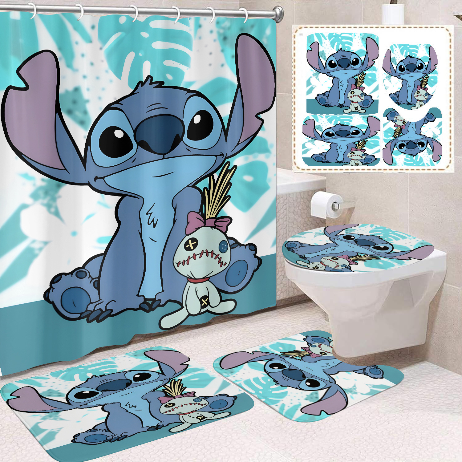 Venta directa de fábrica lindo baño de dibujos animados de cuatro piezas cortina de ducha impermeable cortina de ducha sin perforación cortina de partición de baño de baño