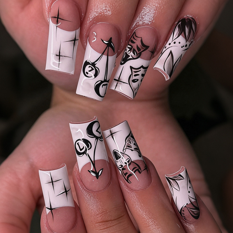 Cross-border bestseller: Black starlight cherry mask, white French-style press-on nails, sweet and cool manicure, detachable fake nails Cross-border bestseller: Black starlight cherry mask, white French-style press-on nails, sweet and cool manicure, detachable fake nails