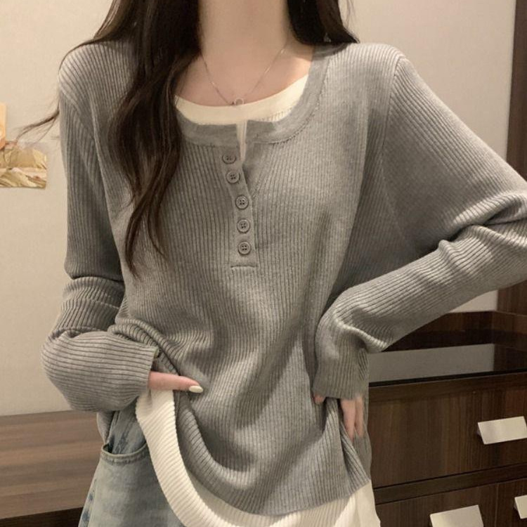 灰色假两件针织衫女修身显瘦春夏季2025新款宽松内搭打底衫上衣潮|undefined