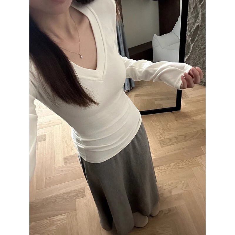 7481#270G人棉抓毛长袖女2025简约纯色V领修身短款韩版打底衫上衣|undefined