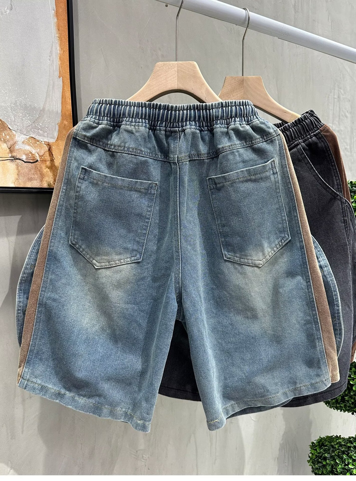Men's Retro Distressed Denim Shorts Summer Casual Loose Fit Color Block Five Point Drawstring Elastic Waist Plus Size Mid-Length_mkmklike.com