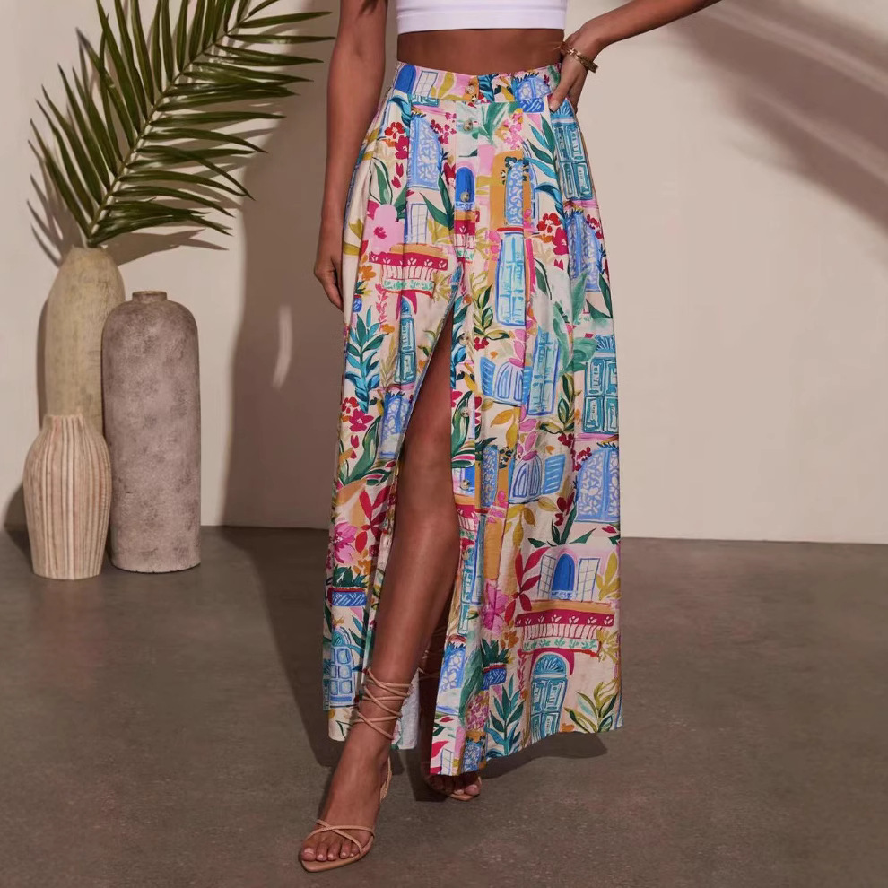 Damenbekleidung Bedrucktes Midi-Rockkleid Modischer Strandurlaubsstil mit Schlitz und Tasche Neu_voghion.com