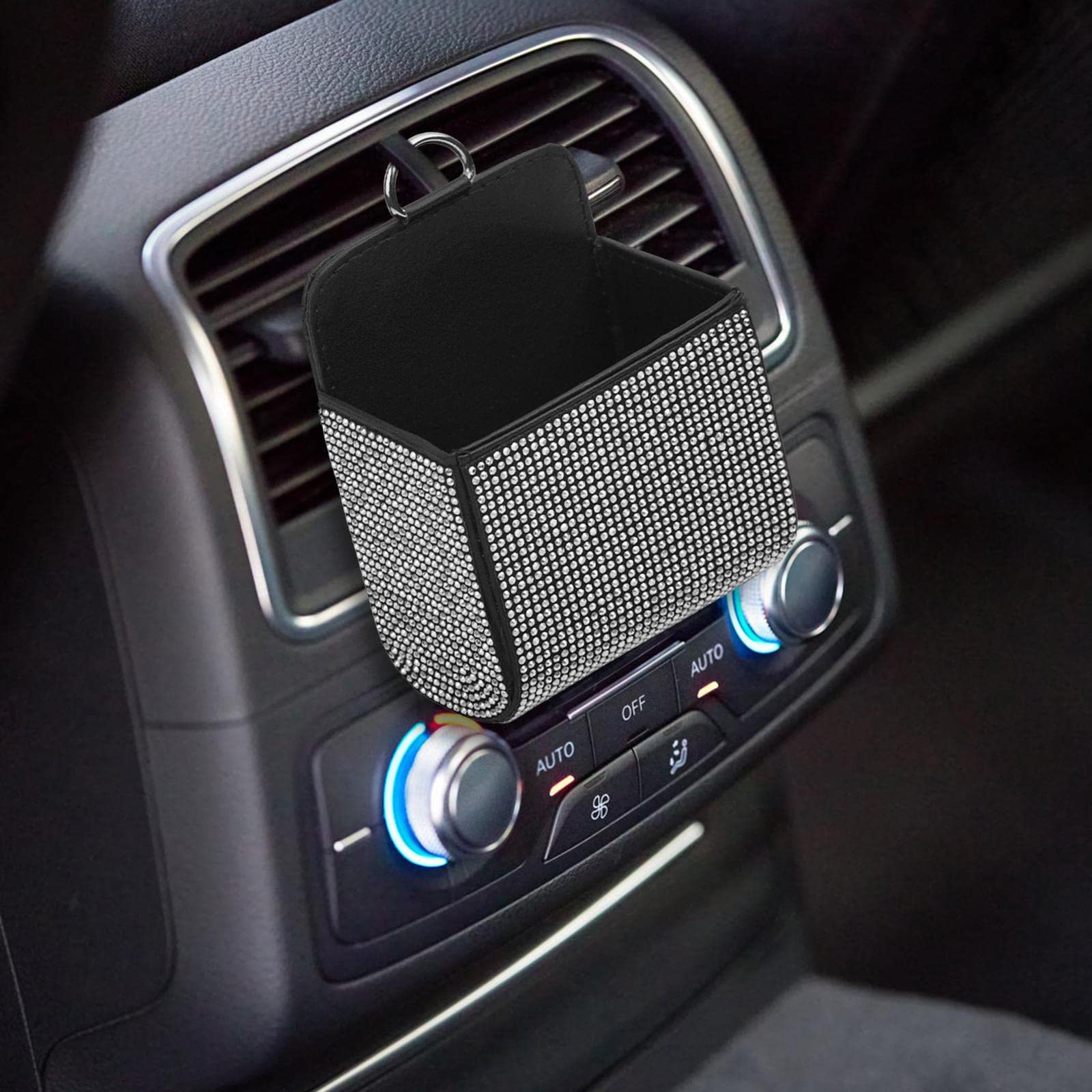 Car Diamond-Encrusted Document Storage Box, Car Air-Conditioning Vent Storage, Multi-Functional Leather Storage Bag with Diamonds