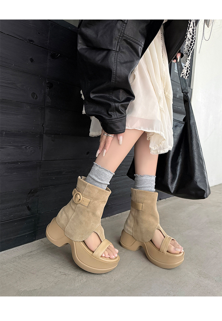 Boot sandal hở mũi gót vuông đế dày da lộn khóa kéo sau — Màu caramel, màu mơ chi tiết 20