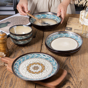European Featured Hand-painted Ceramic Tableware Plate under Kiln Glaze Creative suit Cake Deep Plate Rice Bowl Steak Plate