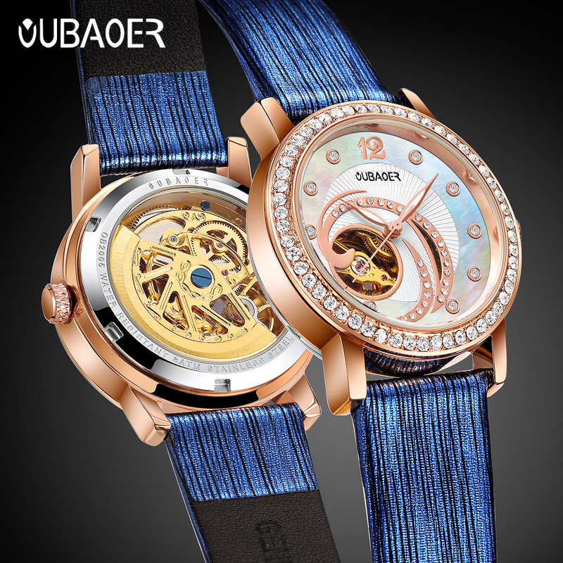 Oubaoer New Fashion Fully Automatic Skeleton Mechanical Watch Women's Watch Leather Strap Waterproof Luminous Factory Direct Sale