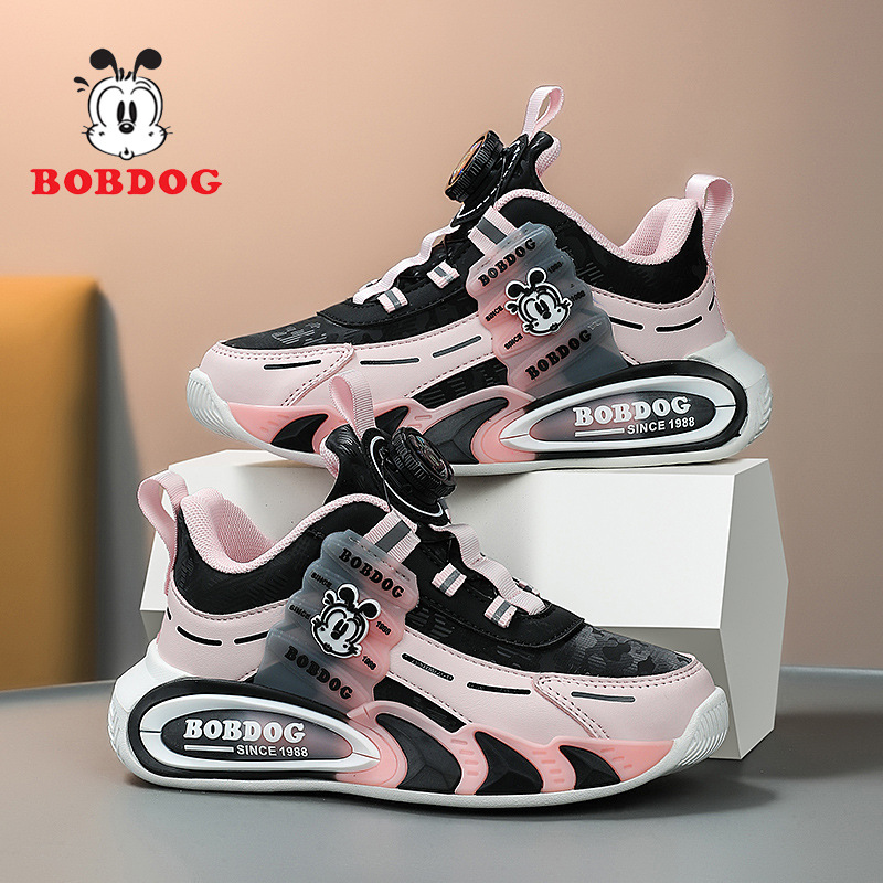 Babu Bean zapatos para niños primavera y otoño 2025 nuevo botón giratorio zapatos de niños de tamaño medio y grande malla transpirable zapatos deportivos para niños