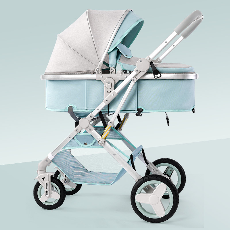 Coche de bebé se puede sentar y acostar en dos direcciones, 0 - 3 años de edad, ligero y plegable con un botón para bebés recién nacidos, cuatro ruedas antichoque