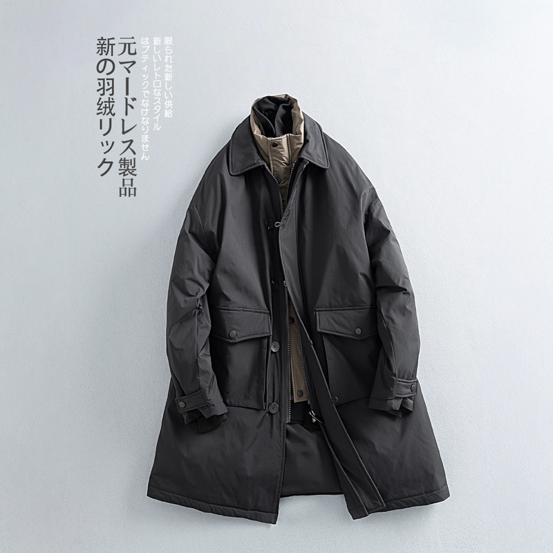 Authentic Japanese Style Retro Detachable Stand-Up Collar Mid-Length down Jacket for Men and Women Winter 90 Velvet Cold-Proof Windbreaker Jacket