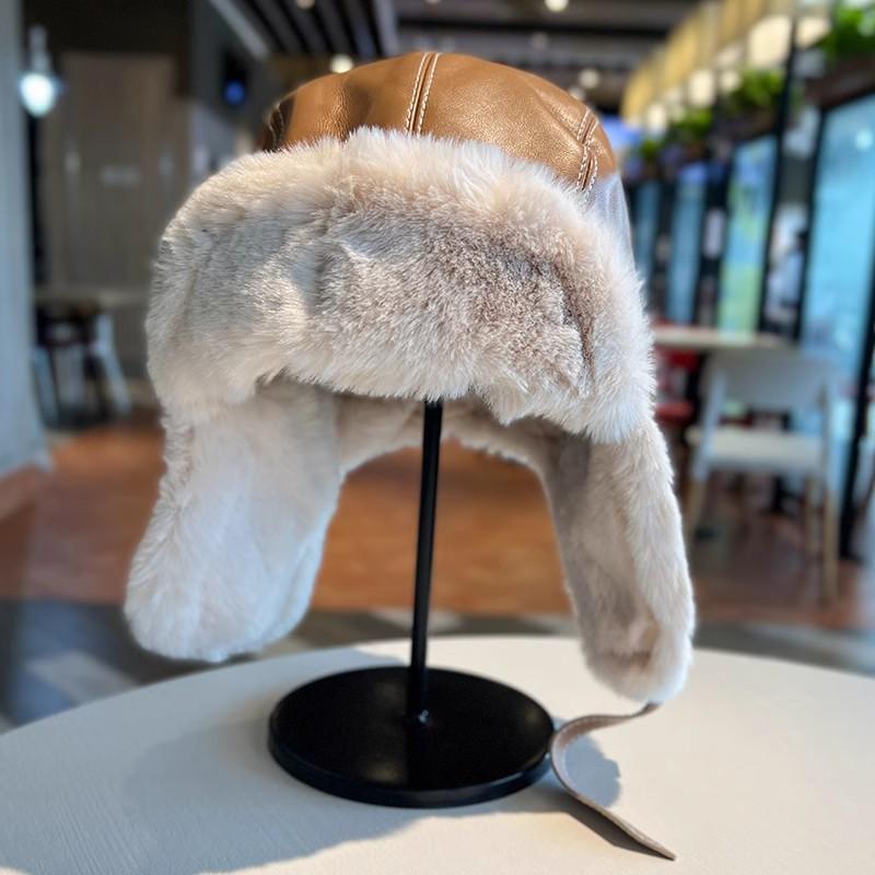 Pilot Hat Women's Warm Pu Leather Plush Ear Protection Skiing Cap_voghion.com