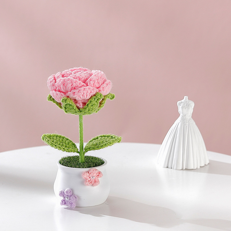 Terminado pequeña olla tejida a mano girasol lirio escritorio coche pequeña decoración regalo de cumpleaños regalo de graduación