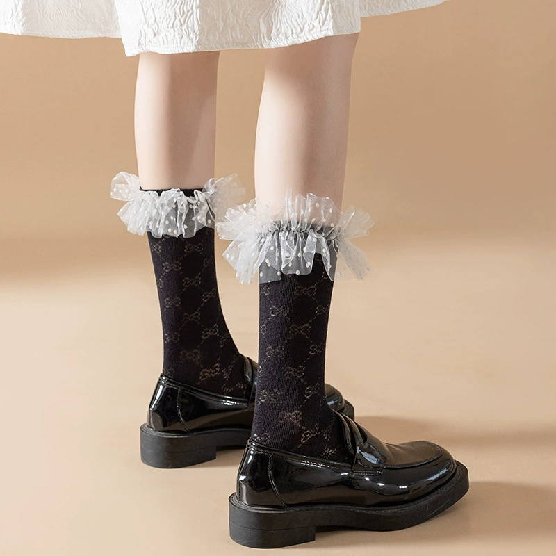 牵手人 Summer thin cute white colored Japanese knee socks with bow