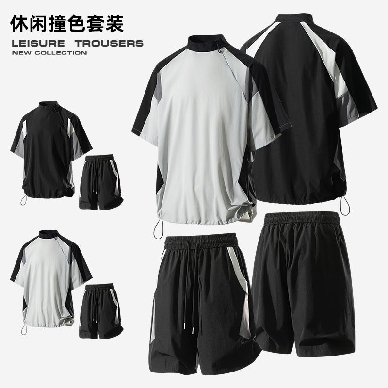 Cross-Border Wholesale New Nylon Summer Workwear Color Matching Thin Ice Silk Short-Sleeved Shorts Two-Piece Set for Outdoor Vacation Men