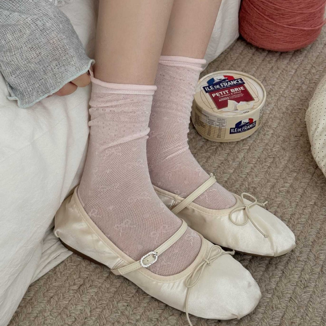 여성용 여름 얇은 양말, 리본 컬링, 뽕나무 실크 양말, 시원하고 통기성이 좋은 여성용 양말, 한국식 달콤한 스타일