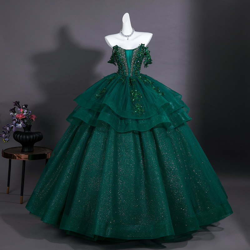 Dark green strapless heavy-duty wedding dress with sparkling rhinestones, layered lace, and colorful tulle, suitable for art exams, solo performances, stage shows, and hosting events