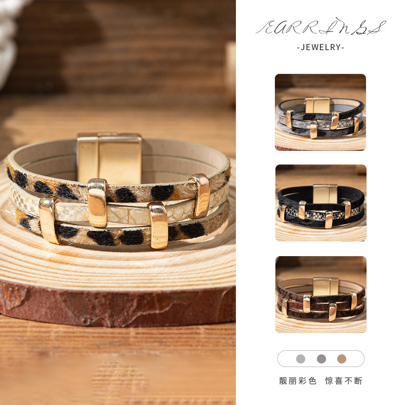 Amazon Hot Snake Three-Layer Wide-Face Leather Bracelet Ins Fashionable Exaggerated Bracelet Magnetic Buckle Trendy Bracelet