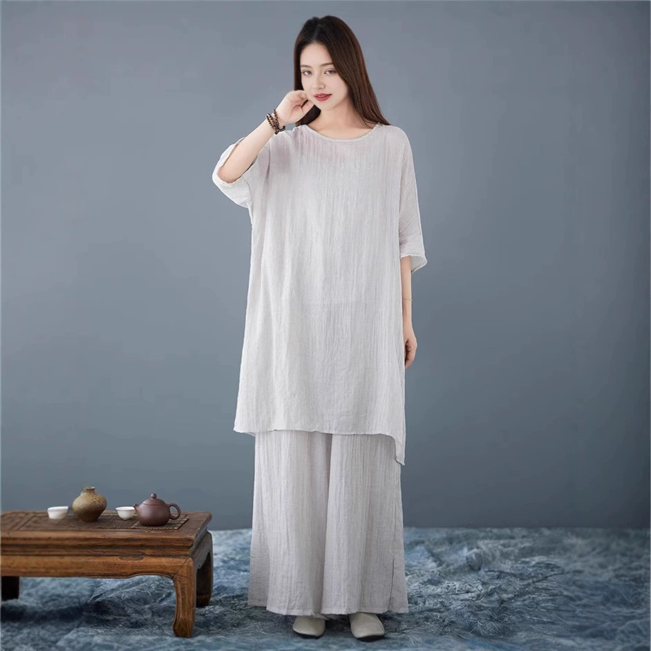 Весенний и летний новый китайский топ брюки подтяжка дзен ветер хлопок конопля, элегантные широкие брюки, национальный стиль дзен чайный костюм для женщин