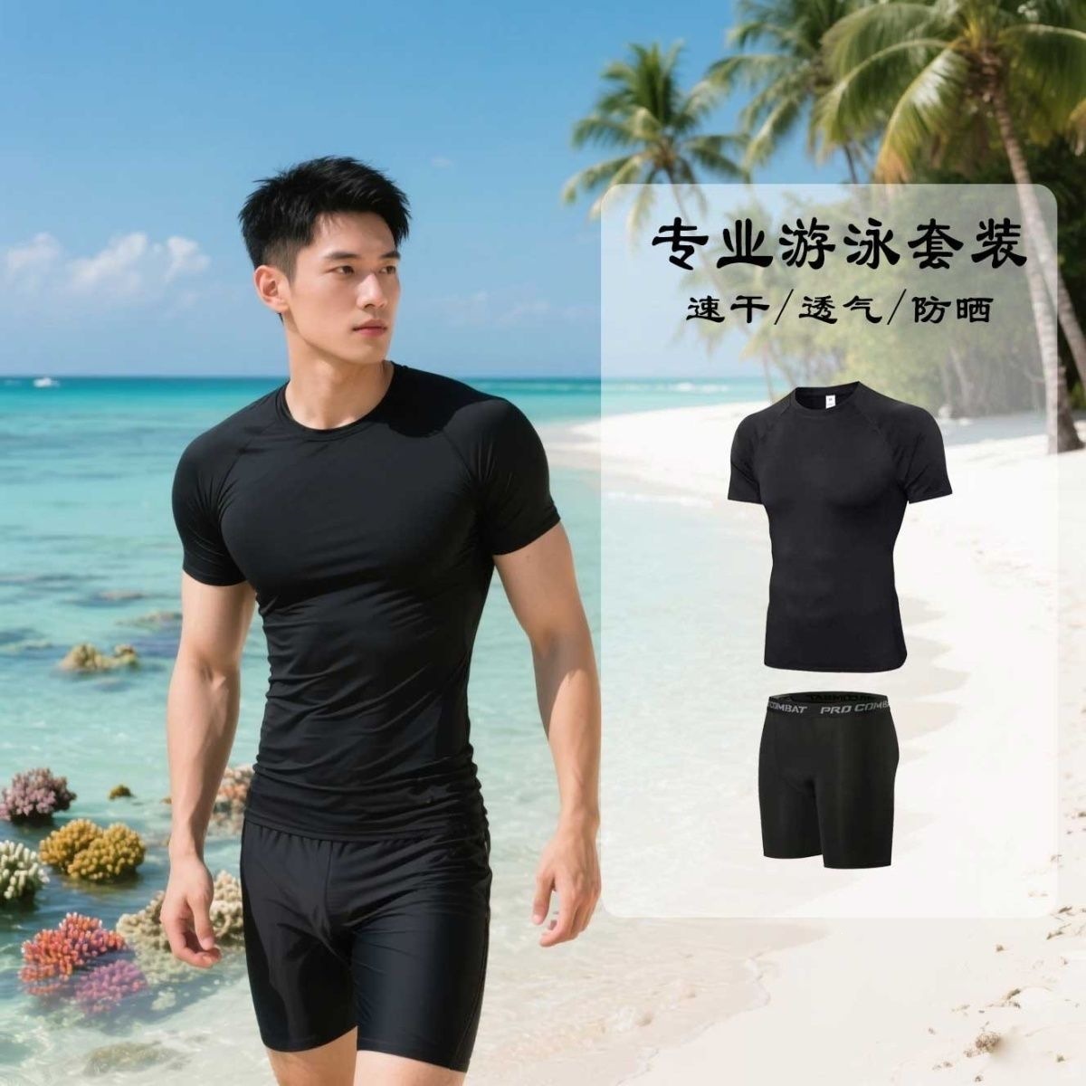 Men's swimsuit set, short-sleeved swim top, swimming gear, swim trunks, boxer shorts, anti-embarrassment, suitable for hot springs, professional