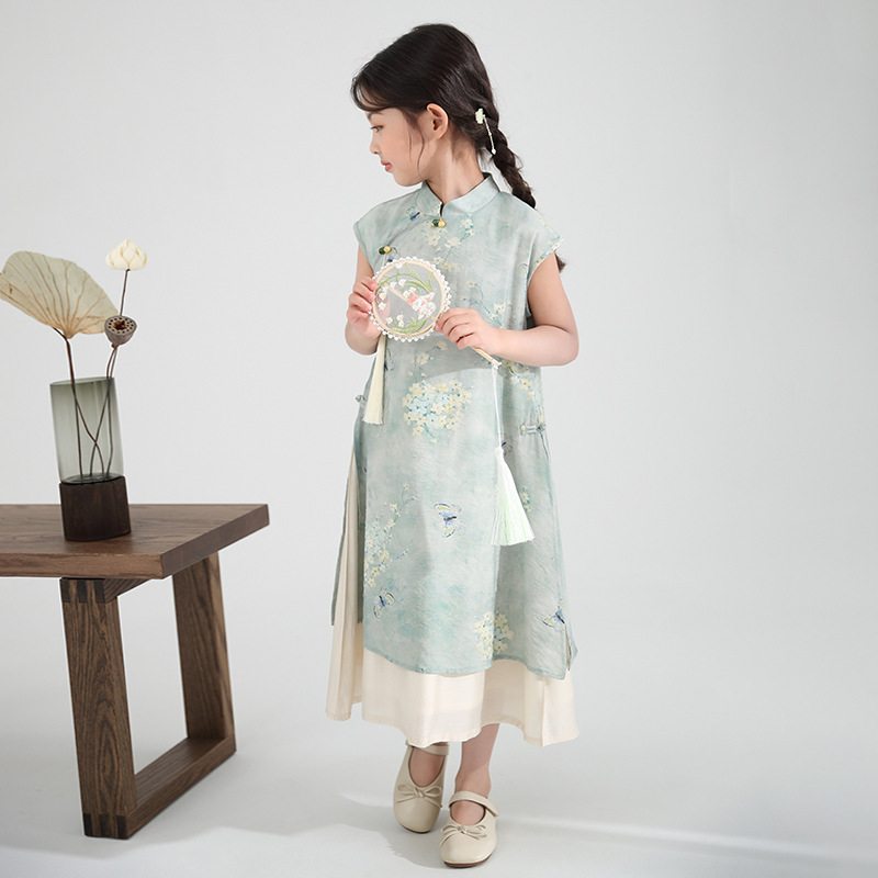 新しい中国風の女の子のチャイナドレス改良版漢服中国風の夏の子供用偽ツーピースドレスシフォンスカート|undefined