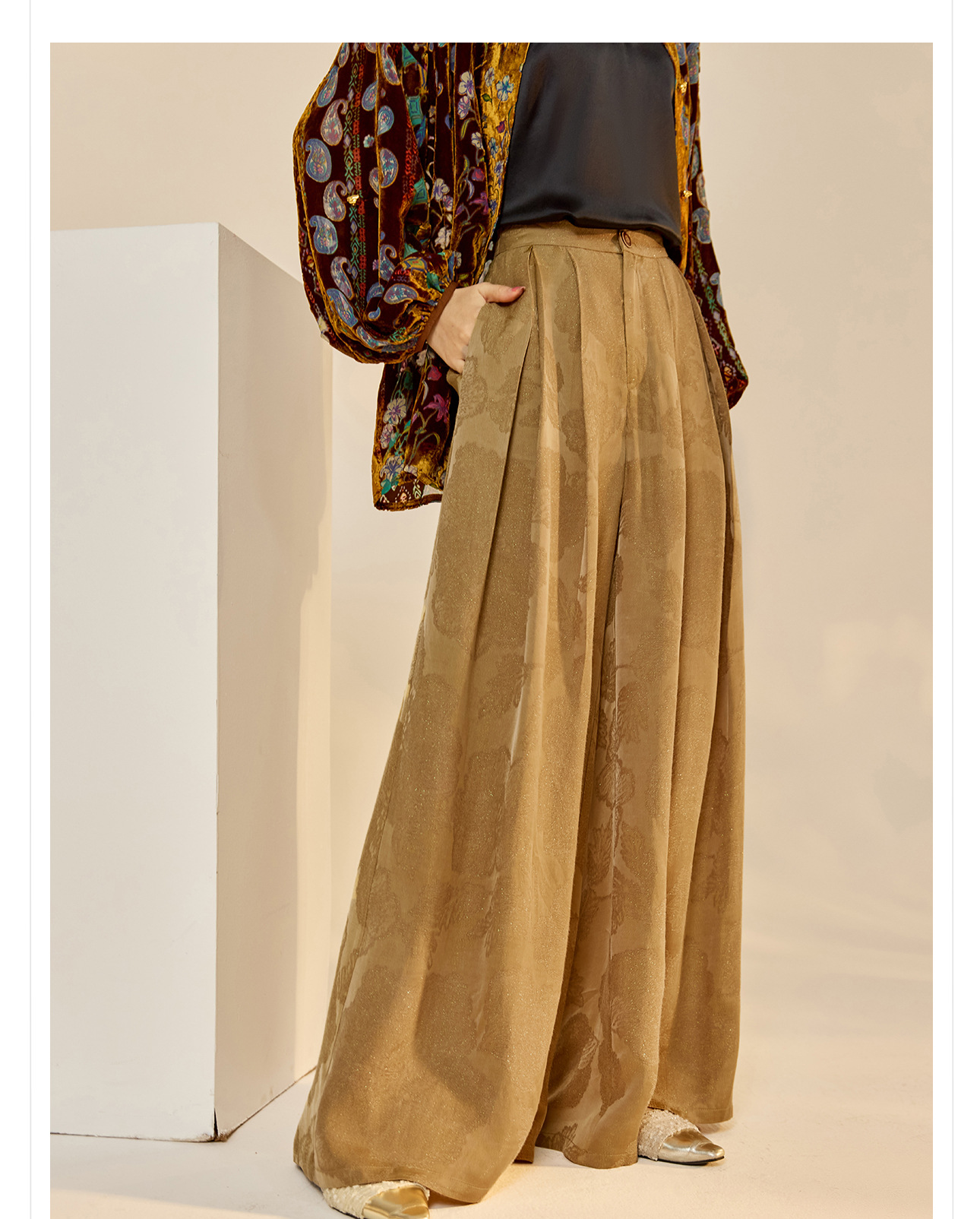 Quần ống rộng nữ phong cách Trung Hoa mới, chất rayon dệt vàng satin rủ — đen, Màu trắng nhạt, màu vàng chi tiết 12