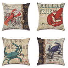 抱枕套亚马逊跨境专供一件代发亚麻复古做旧螃蟹龙虾图案彩绘