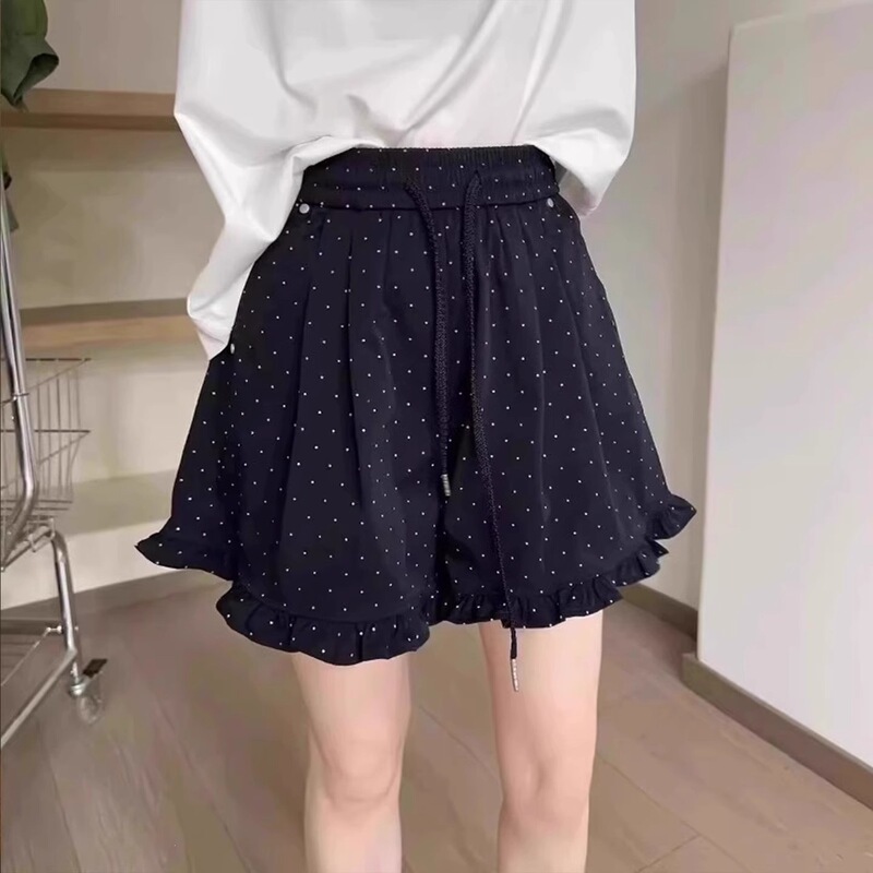 Academy Style Polka Dot Ruffle Design Wide-Leg Shorts for Women, Summer Style, Elastic High Waist, Drawstring Casual A-Line Skirt Pants Academy Style Polka Dot Ruffle Design Wide-Leg Shorts for Women, Summer Style, Elastic High Waist, Drawstring Casual A-Line Skirt Pants