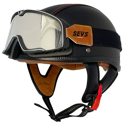 helmet electric motorcycle portable helmet, Motosiklet kaskı (dəbilqə) - black-and-red-line-leather-helmet-large-frame-goggles-m