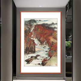 秋夕放伐图关山月国画重彩水墨画客厅走廊尽头过道山水画艺术挂画