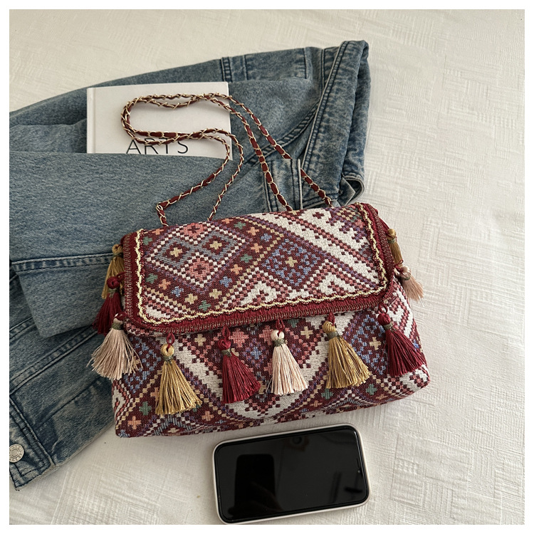 336g Weight Flip Cover Closure Type Single Shoulder Strap Strap Type Shoulder Bag Bags Type Casual, Holiday Occasion Cloth Material Geometric Pattern All Seasons Season Women's Gender Elegant, Ethnic Style Style Square Shape Women's Cloth Geometric Elegant Ethnic Style Square Flip Cover Shoulder Bag 2