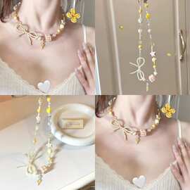 「蜂蜜罐头」奶黄色串珠蝴蝶结项链女小众高级显白甜美锁骨链配饰