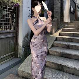 跨境新款新中式改良旗袍挂脖露肩连衣裙女夏御姐高级性感包臀长裙