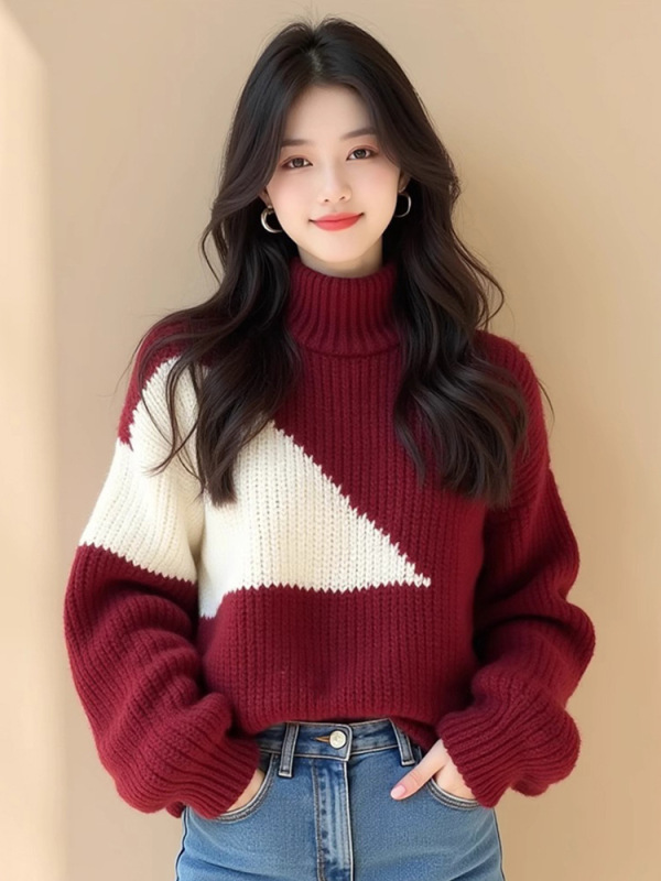 红白撞色加厚高领毛衣女冬季2025新款蛇年本命年新年战袍圣诞上衣|undefined